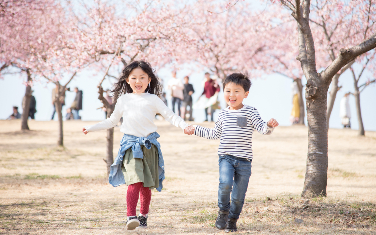 桜の下ではしゃぐ子供